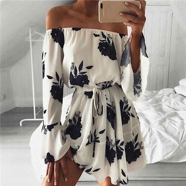 Off Shoulder Floral Printed Flare Sleeve Sexy Dress