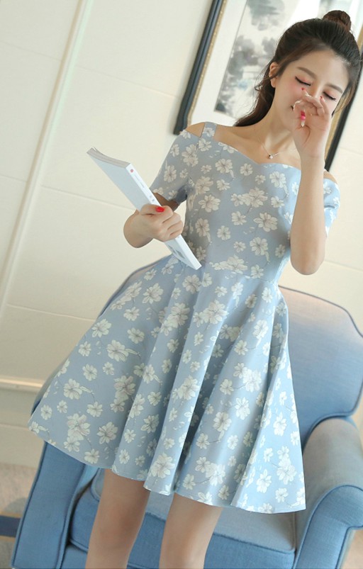 Cute Blue Floral Print Off Shoulder Dress on Luulla