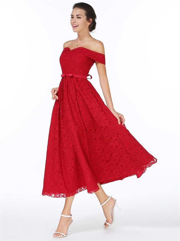 Beautiful Off Shoulder Red Lace Evening Party Dress