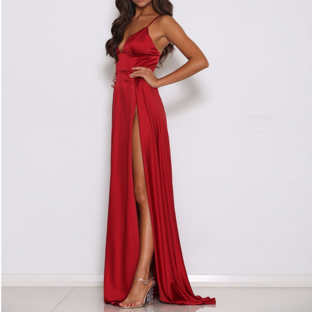 Sexy V Neck Red Satin Long Party Dress On Luulla