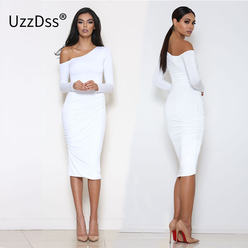 white off the shoulder long sleeve bodycon dress