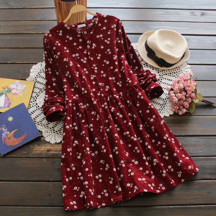 Vintage Style Long Sleeve Floral Print Spring And Autumn Dress