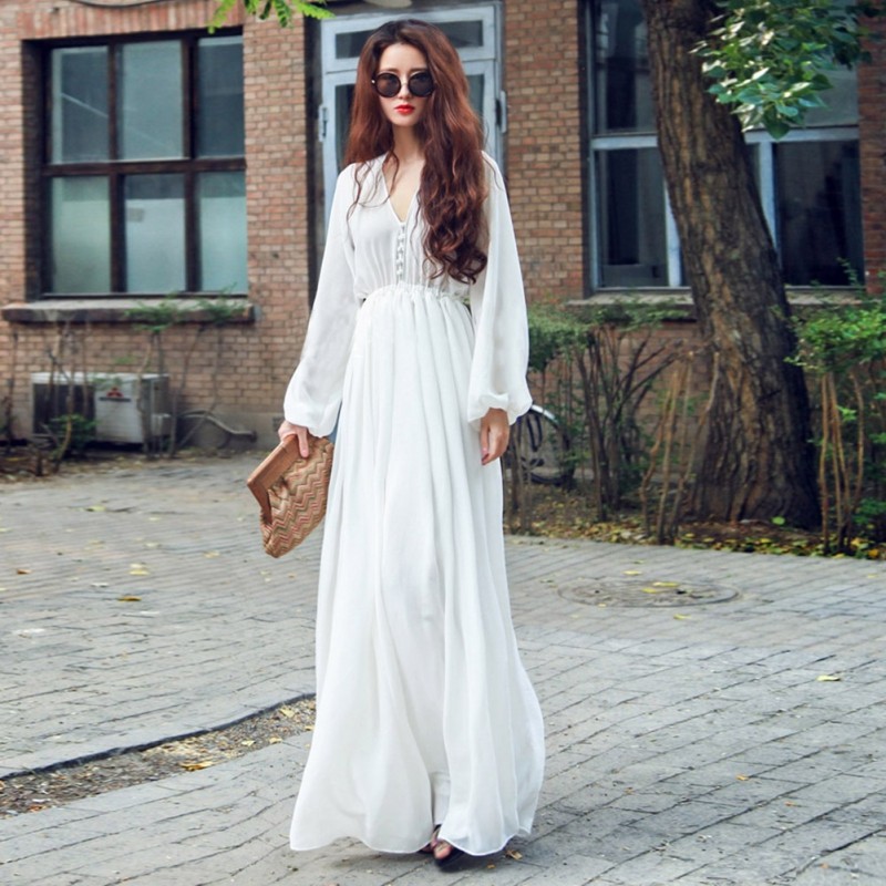 Solid White Long Sleeve Party Long Maxi Dress
