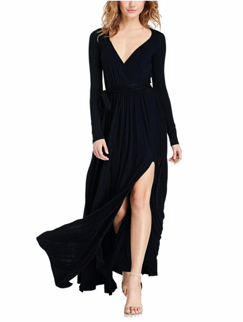 Long Sleeve V Neck Elegant Maxi Dress With Slit on Luulla