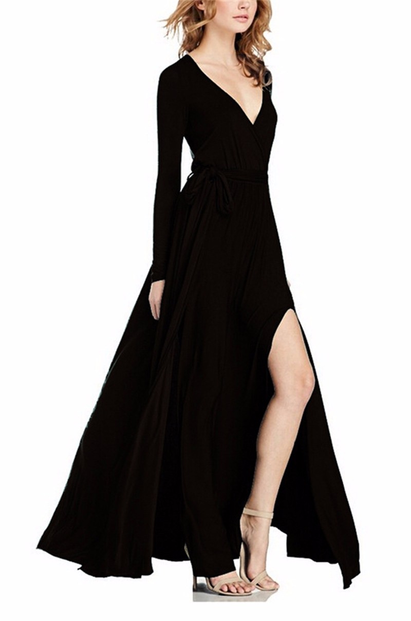 Long Sleeve V Neck Elegant Maxi Dress With Slit on Luulla