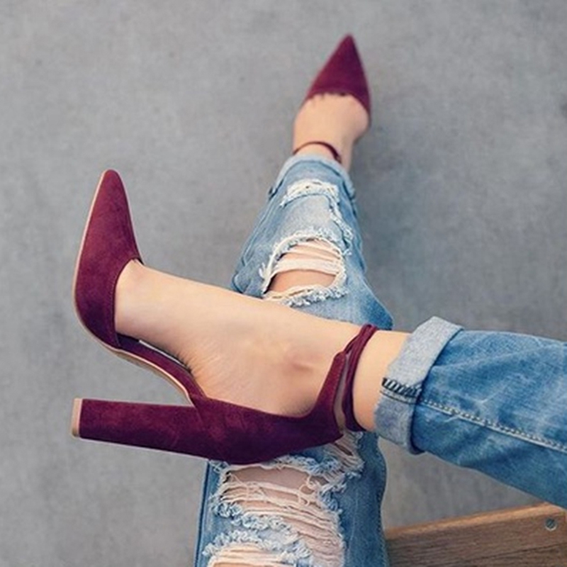 Faux Suede Pointed-toe Ankle Strap Chunky Heels