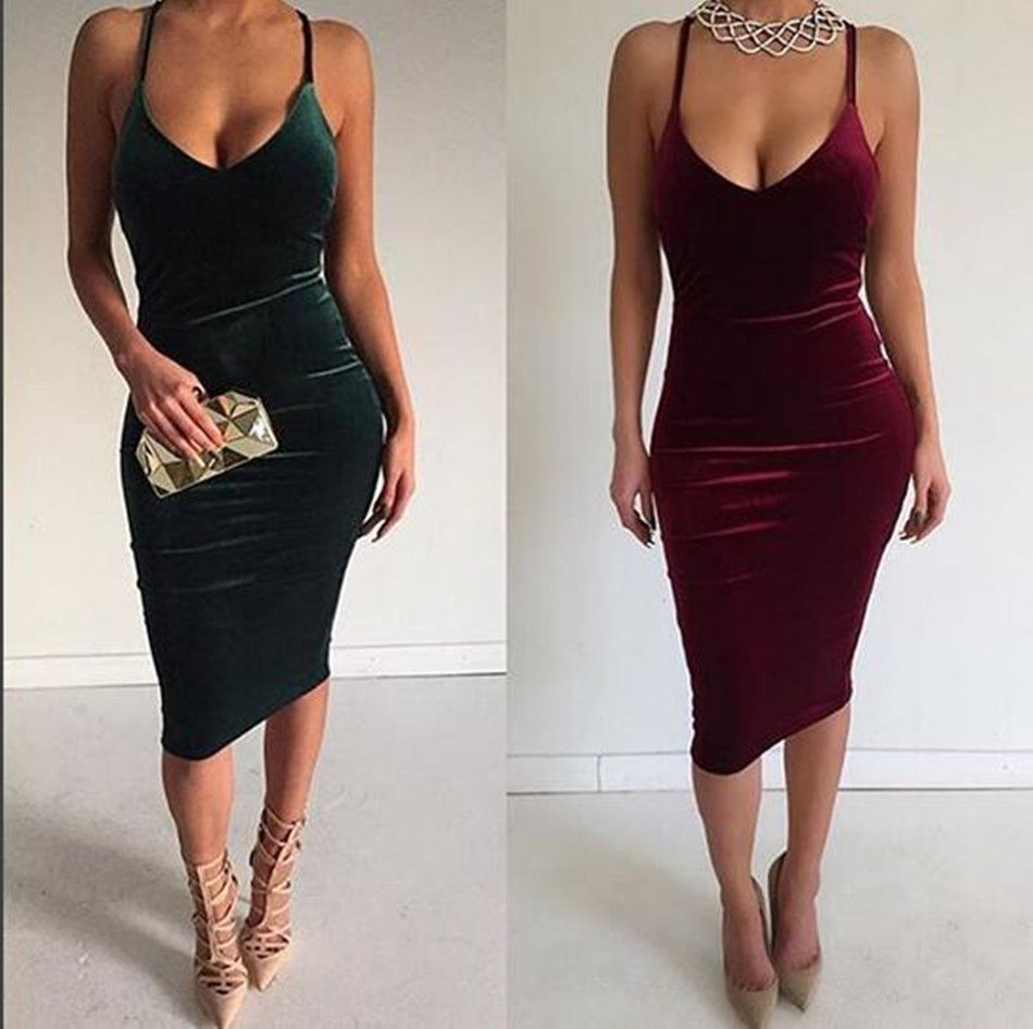 Red Or Green Strappy Bodycon Velvet Dress, Party Dresses
