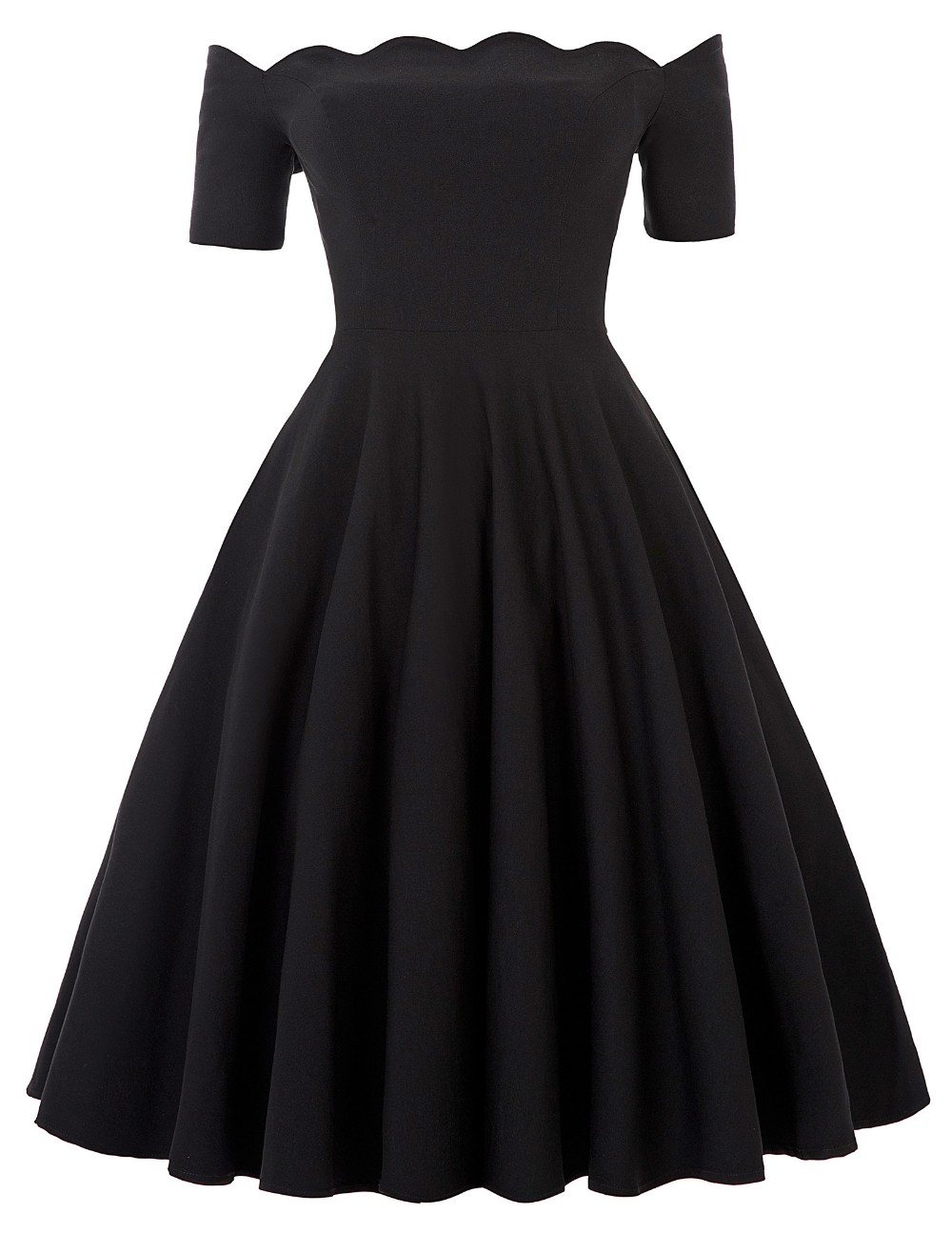 Black Scalloped Off-the-shoulder Knee Length Ruffled Skater Dress ...