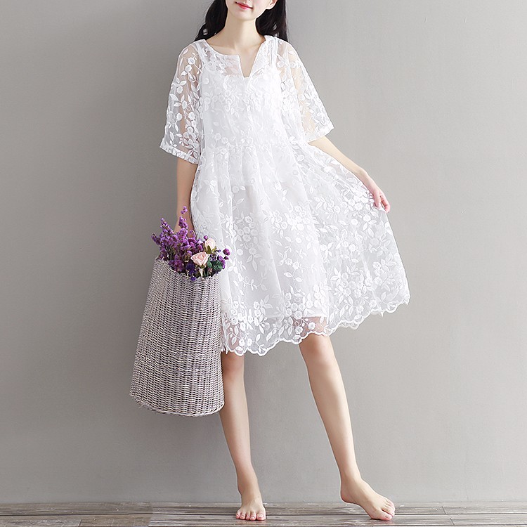 Chiffon And Lace High Waist Beautiful White Lace Dress