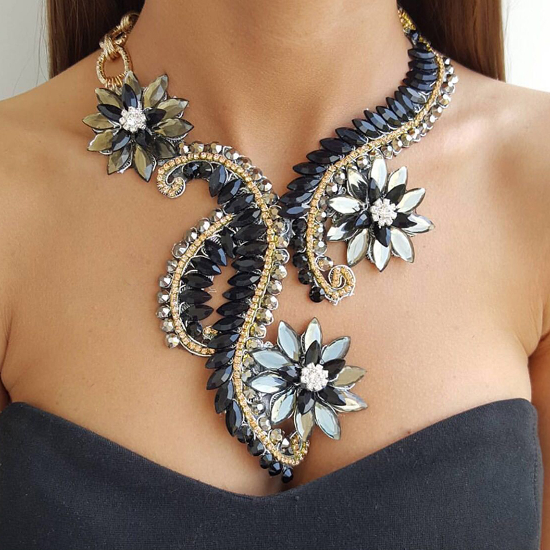 Crystal and Rhinestone Beaded Floral Statement Necklace