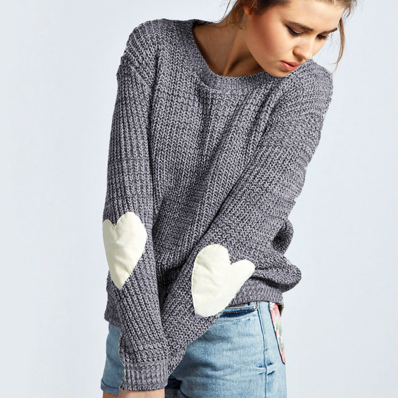 Autumn And Winter Knitted Heart Sleeves Grey Pullover Sweater
