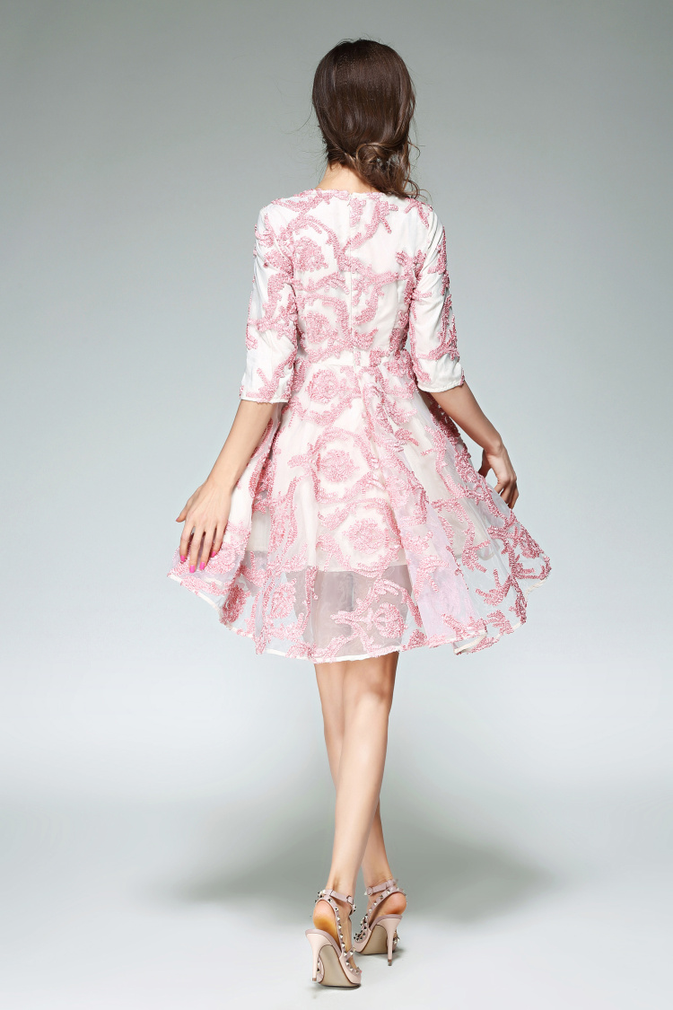 Scoop Lace Bodice Ruffle Chiffon Asymmetrical Dress Flamingo main image 1