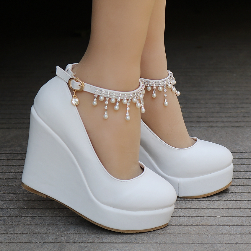 Pearl Beaded Ankle Strap Wedge Shoes in Black and White