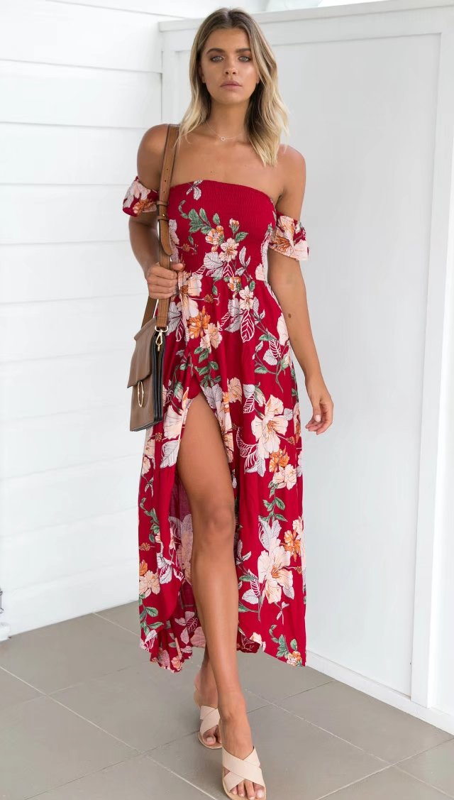 red off shoulder maxi dress