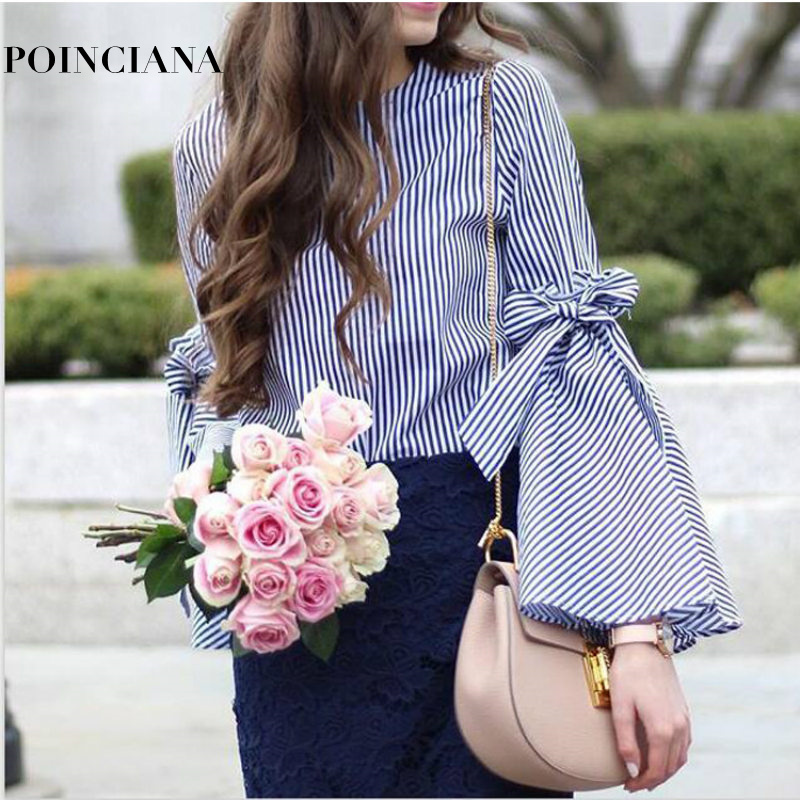 Beautiful Striped Fashion Bow Long Sleeve Blouse Summer Top