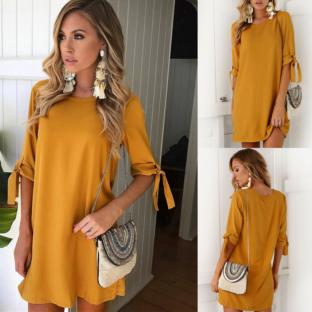 Dress With Self Tie Quarter Sleeves 