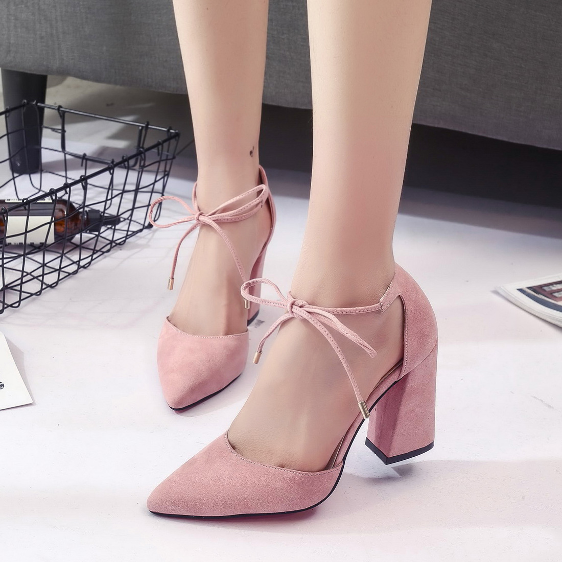 Cute Lace Up Summer Suede High Heels Pointed Toe Shoes