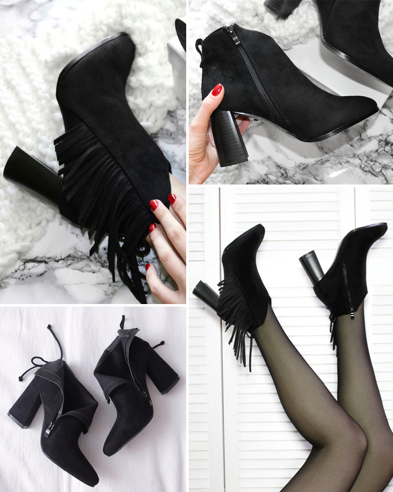 Stylish Black Tassel High Heels Ankles Boots