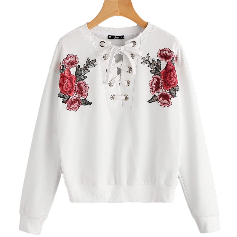 Chic White Lace Up Floral Embroidery White Pullover Sweater