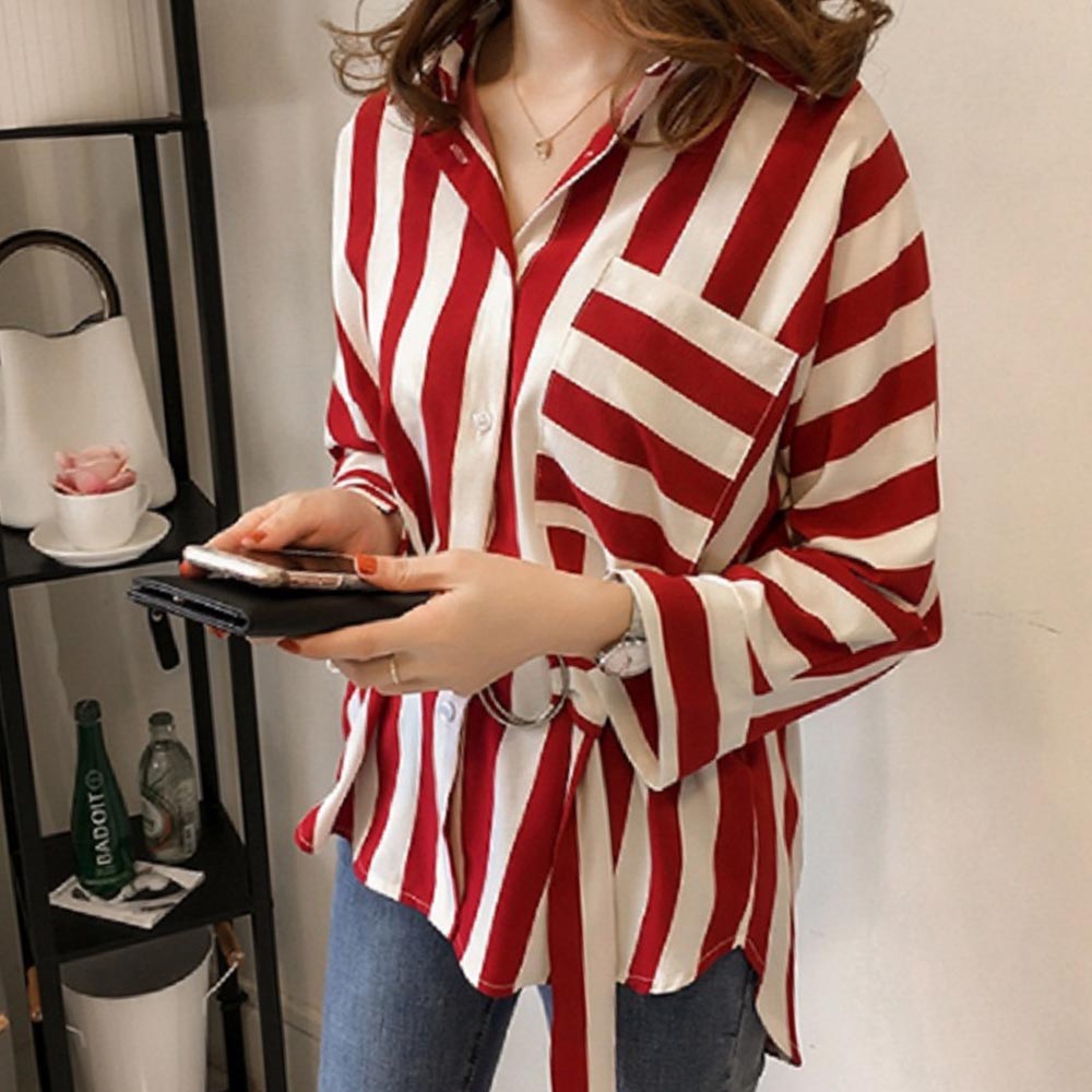 Classy Long Sleeve Stripe Blouse With Belt on Luulla