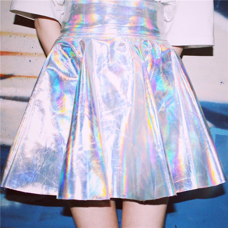 Summer Women Harajuku Skirt Silver Holographic Kawaii Skirt
