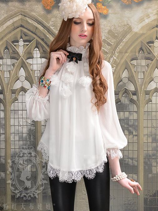 Chic White Stand Collar Long Sleeve Lace Blouse