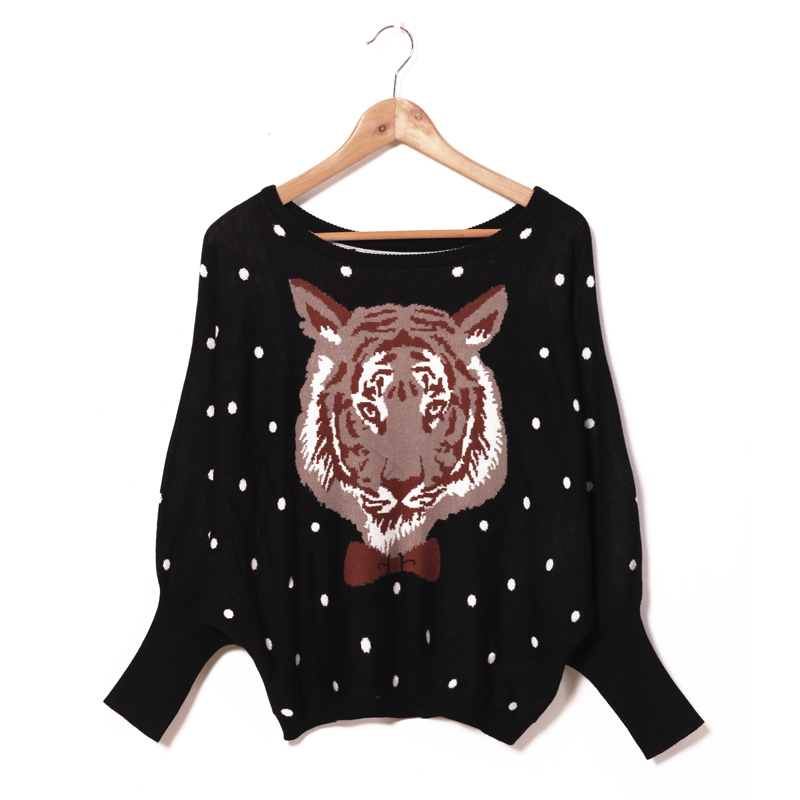 Adorable Black Tiger Print Pullover Sweater on Luulla