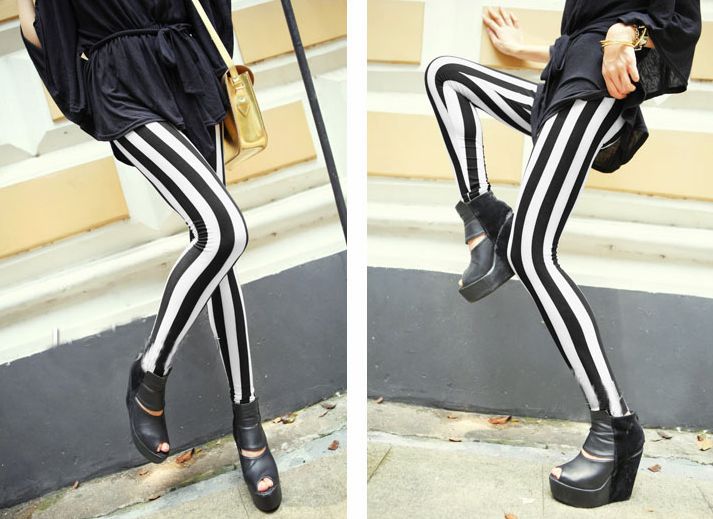 Stylish Black&White Stripes Stretchy Leggings on Luulla