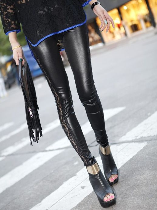 Black Leatherette Leggings With Lace Detail
