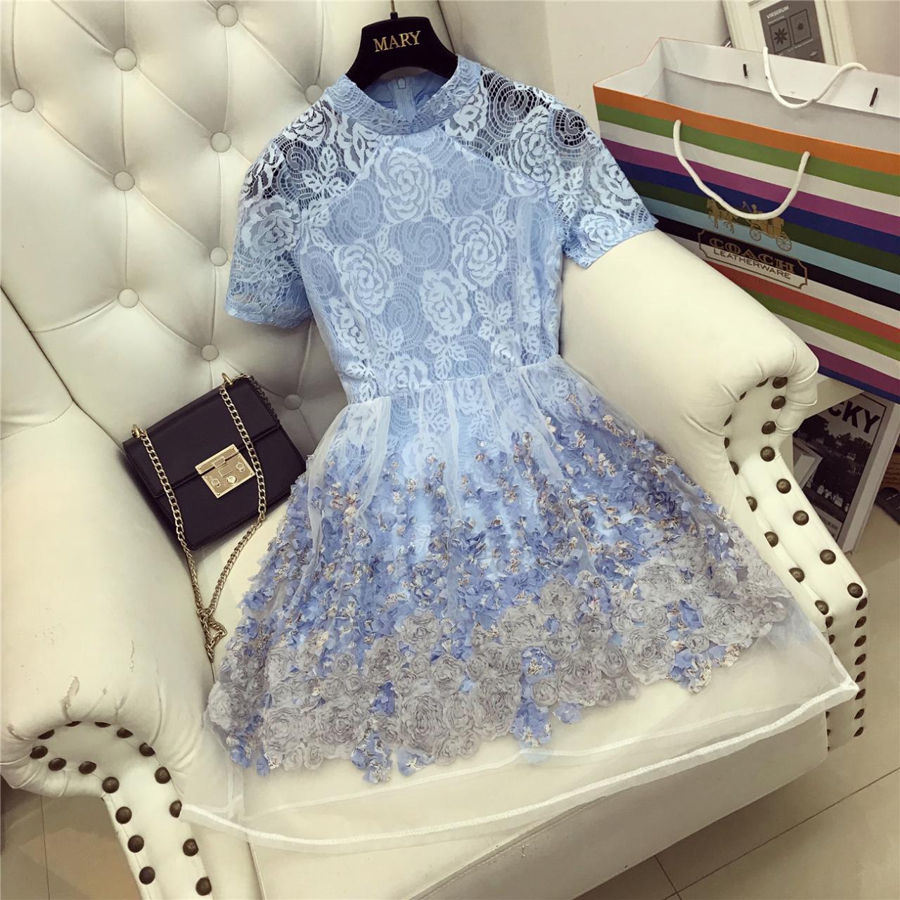Beautiful Lace Organza Party Blue Dress