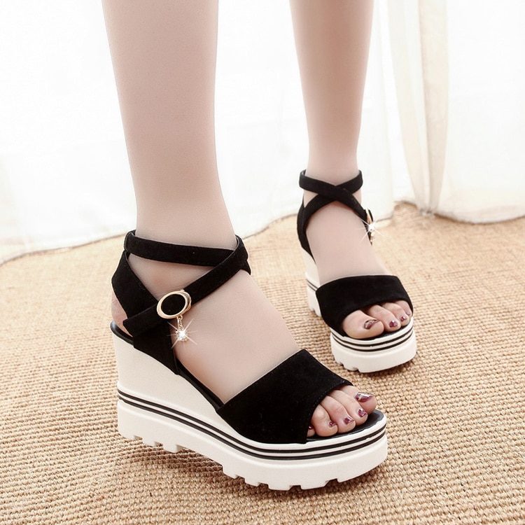 Peep Toe Ankle Strap Platform Summer Sandals in Black and Red