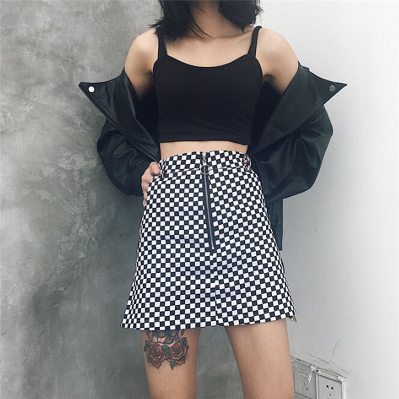 Printed Black and White Plaid Harajuku Mini Skirt