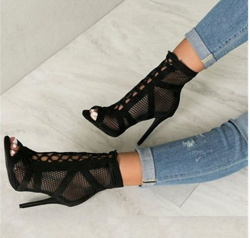 Black Suede Lace Up Peep Toe Fashion Sandals