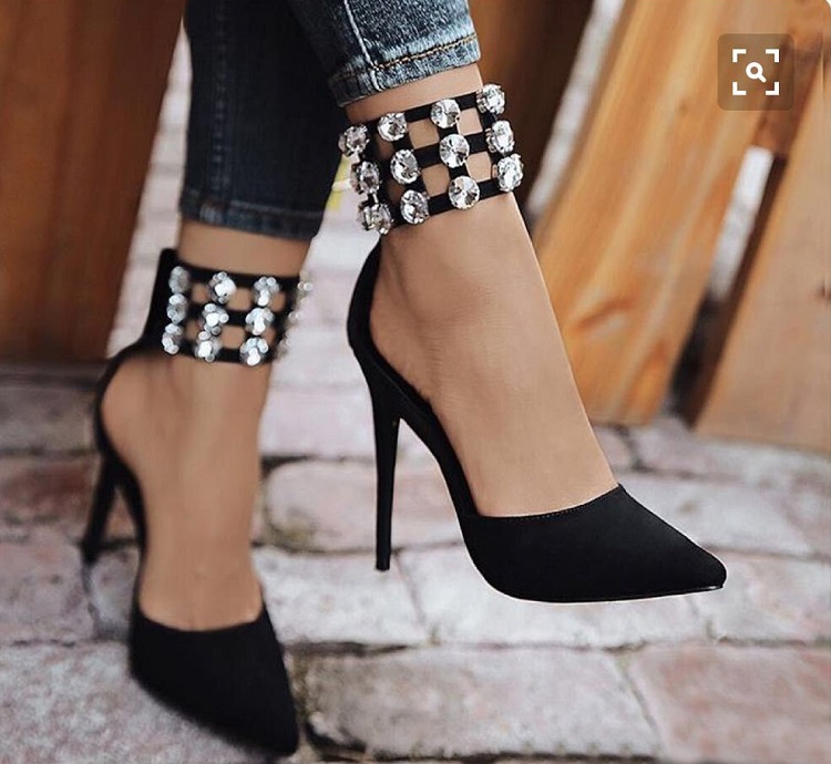 Black Pointed Toe Crystals Ankle Strap Pumps on Luulla