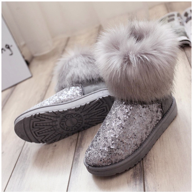 Winter Faux Fur Sequin Ankle Boots in Grey and Black