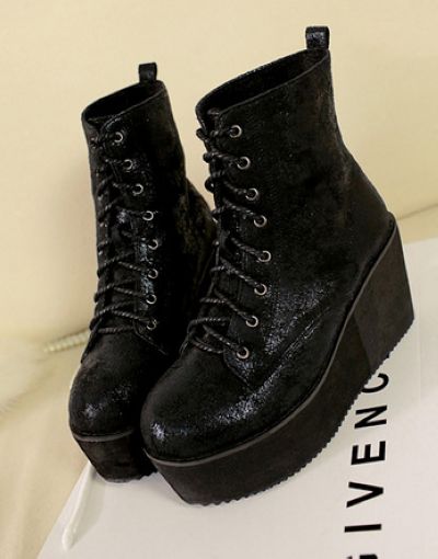 Black And Silver Lace Up Chunky Heel Boots On Luulla 0175