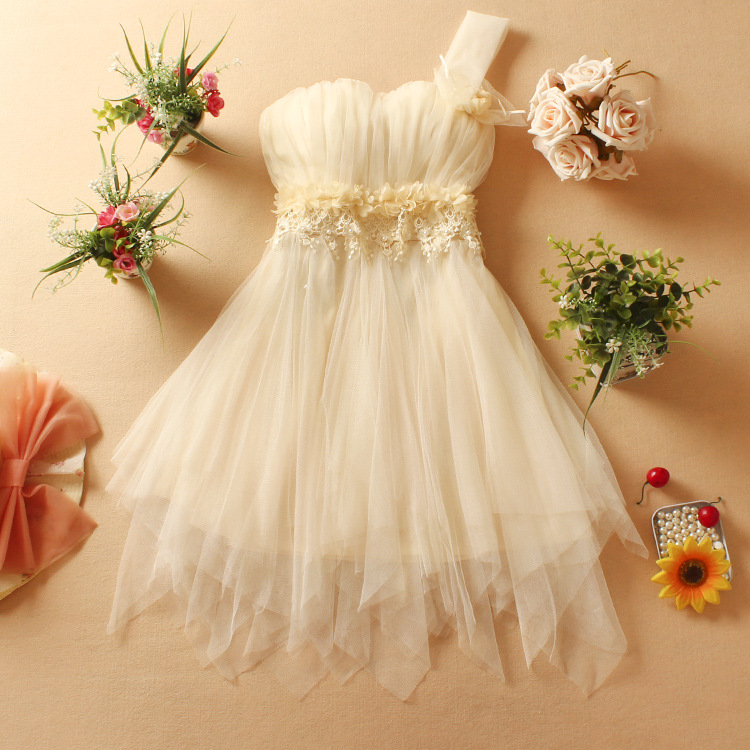 White And Apricot One Shoulder Chiffon Party Dress With Lace Detail