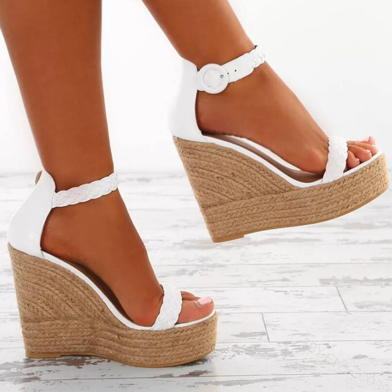 Ankle Strap Summer Women Wedge Sandals in White and Gold
