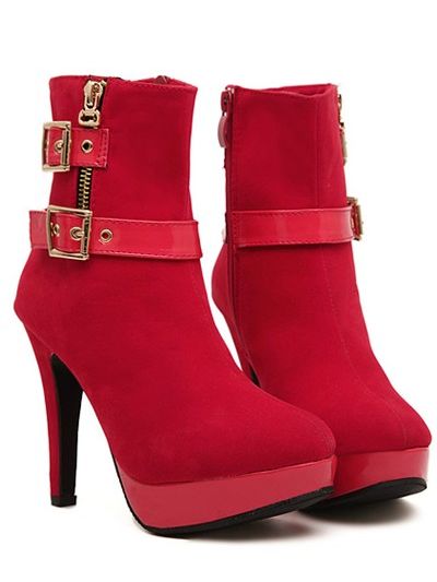 Red And Black Buckle Design High Heel Fashion Boots