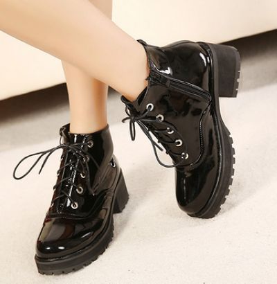 Lace-Up Patent Leather Cleated Ankle Boots with Side Zipper