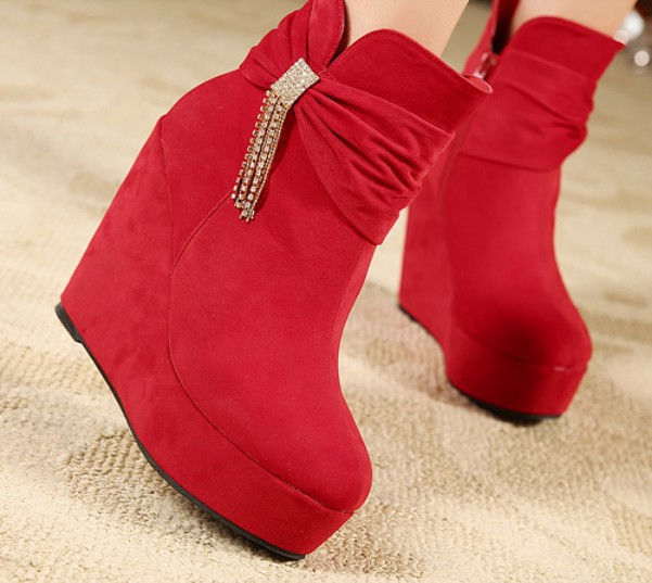 Sweet Red Bow Knot Design Wedge Heels Platform Boots on Luulla
