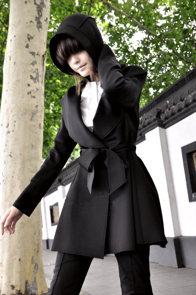 Black Hooded Trench Coat With Belt