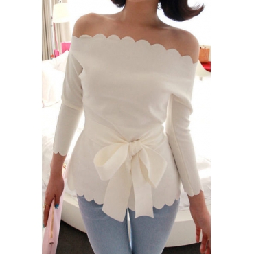 White Scallop Detailed Off-the-shoulder Long Sleeved Blouse Featuring Bow Accent Waist