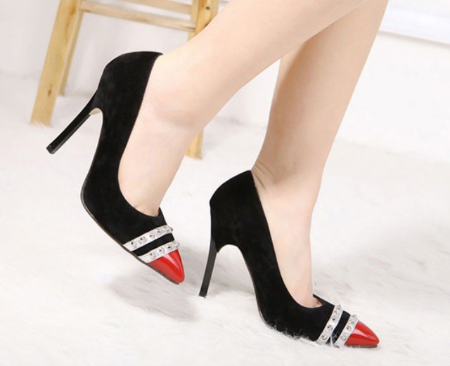 Pointed Toe Color Block Rivets High Heel Pumps on Luulla