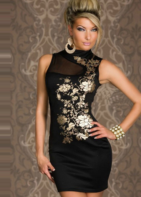 Mandarin Collar Floral Print Black Dress