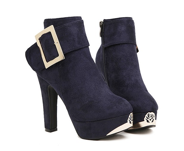 Royal Blue Metal Decoration Chunky Heel Ankle Boots