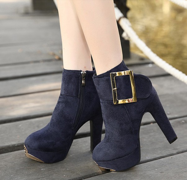 Royal Blue Metal Decoration Chunky Heel Ankle Boots on Luulla