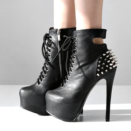 Black Rivets Lace Up High Heel Boots on Luulla