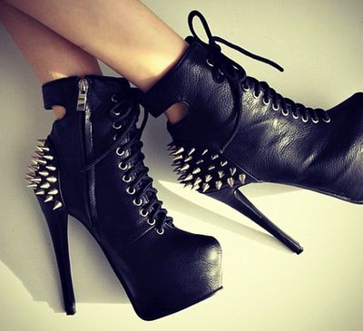 Black Rivets Lace Up High Heel Boots