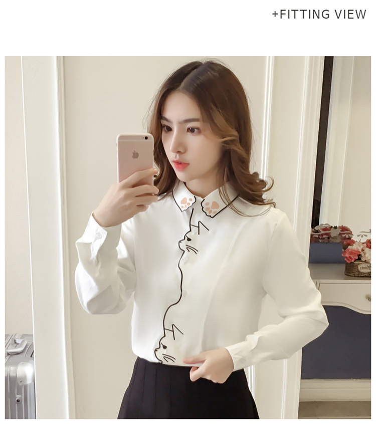 Cat Embroidery White Blouse